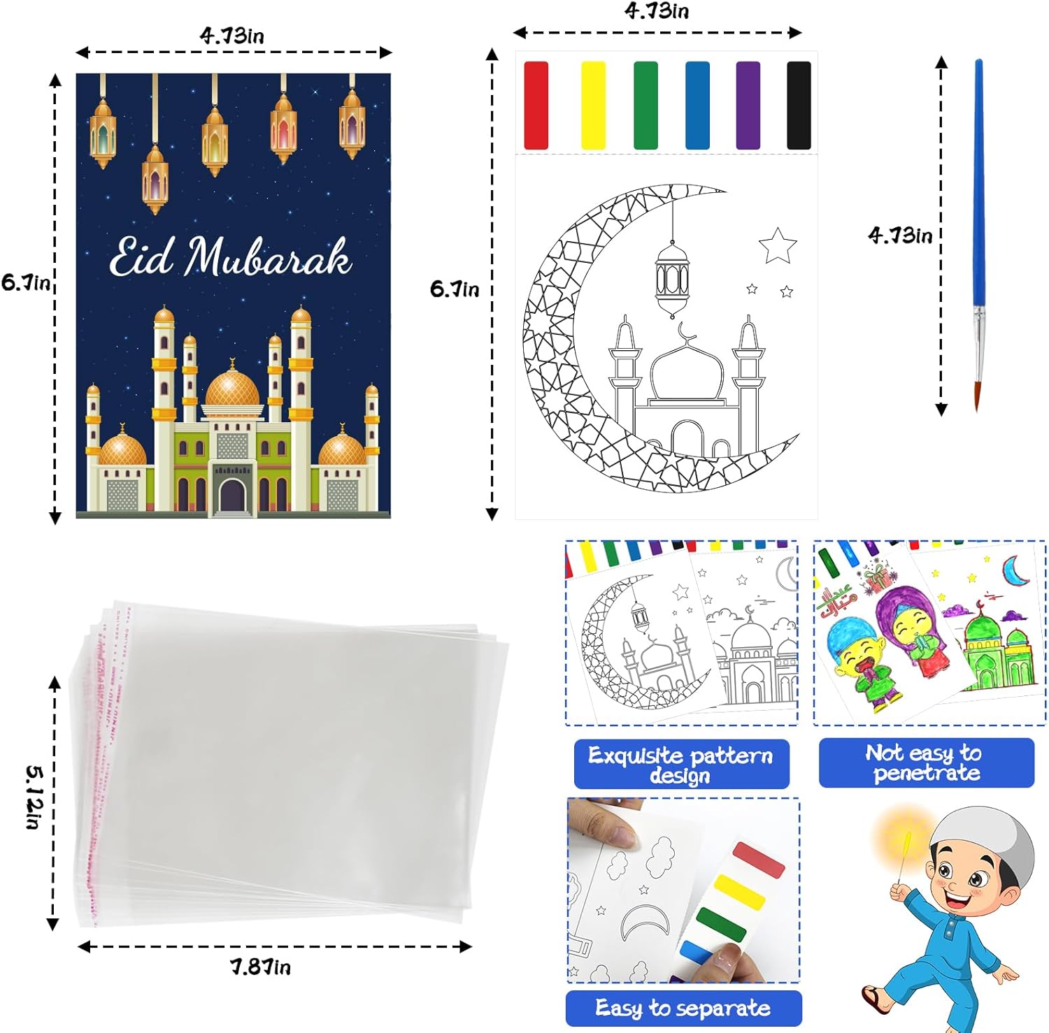 Ramadan Watercolor Coloring Books Bulk with Greeting Card Mosque Moon Scene, Ramadan Activities for kids Eid Mubarak Craft Kits Islamic Gifts for Classroom Home Party Favors Supplies (128PCS) - Image 3