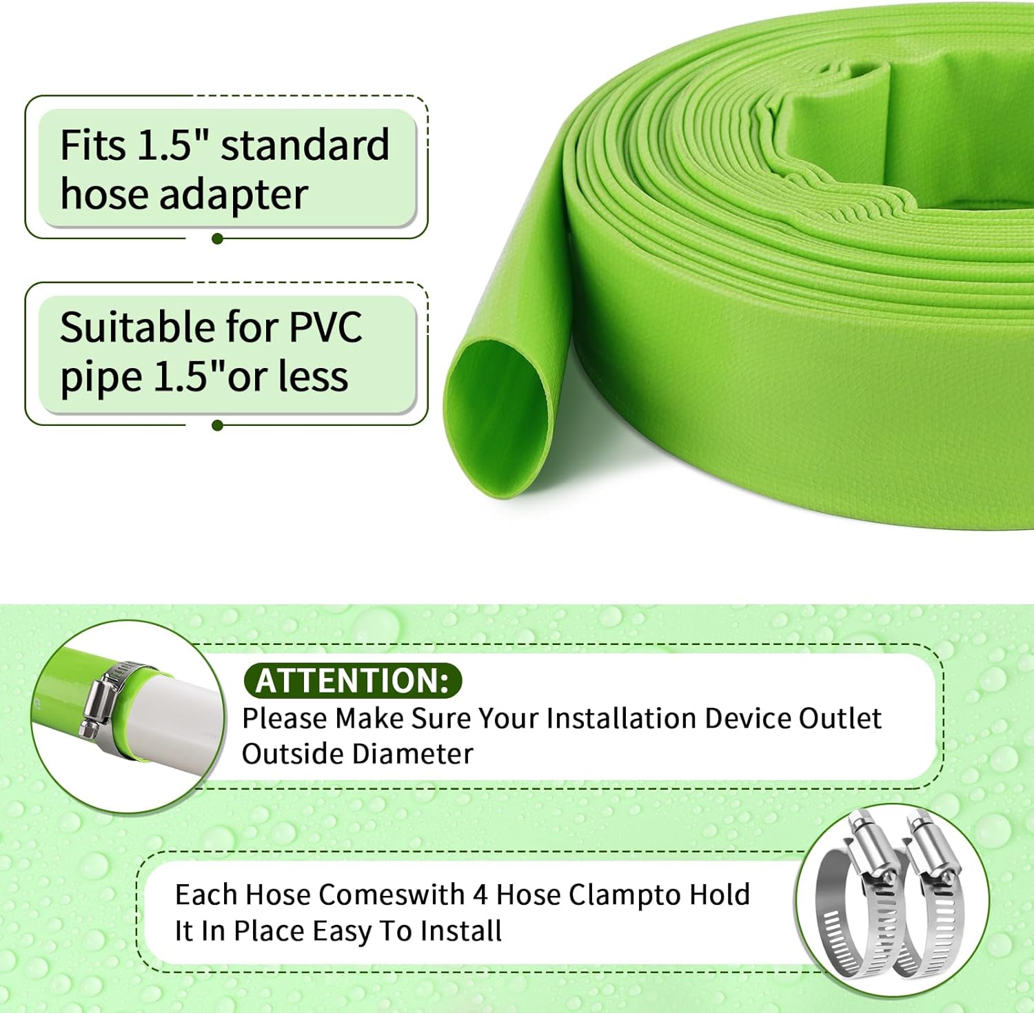 Boltigen 1-1/2'' Pool Backwash Hose, 50 Feet Heavy Duty PVC Pool Drain Hose with Clamps, Lay Flat Water Discharge Filter Pump Hose for Swimming pools, High Pressure Pool Pump Hose