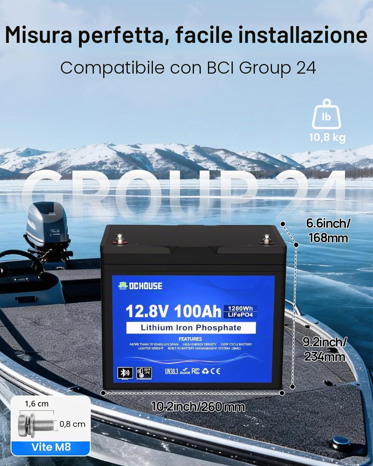 DCHOUSE Batteria Litio Bluetooth 12V 100Ah, Batteria al Litio 12V 1280Wh con Protezione 100A BMS e a Bassa Temperatura, Lifepo4 per Motori Elettrici, Caravan, Campeggio, Sistemi Solare