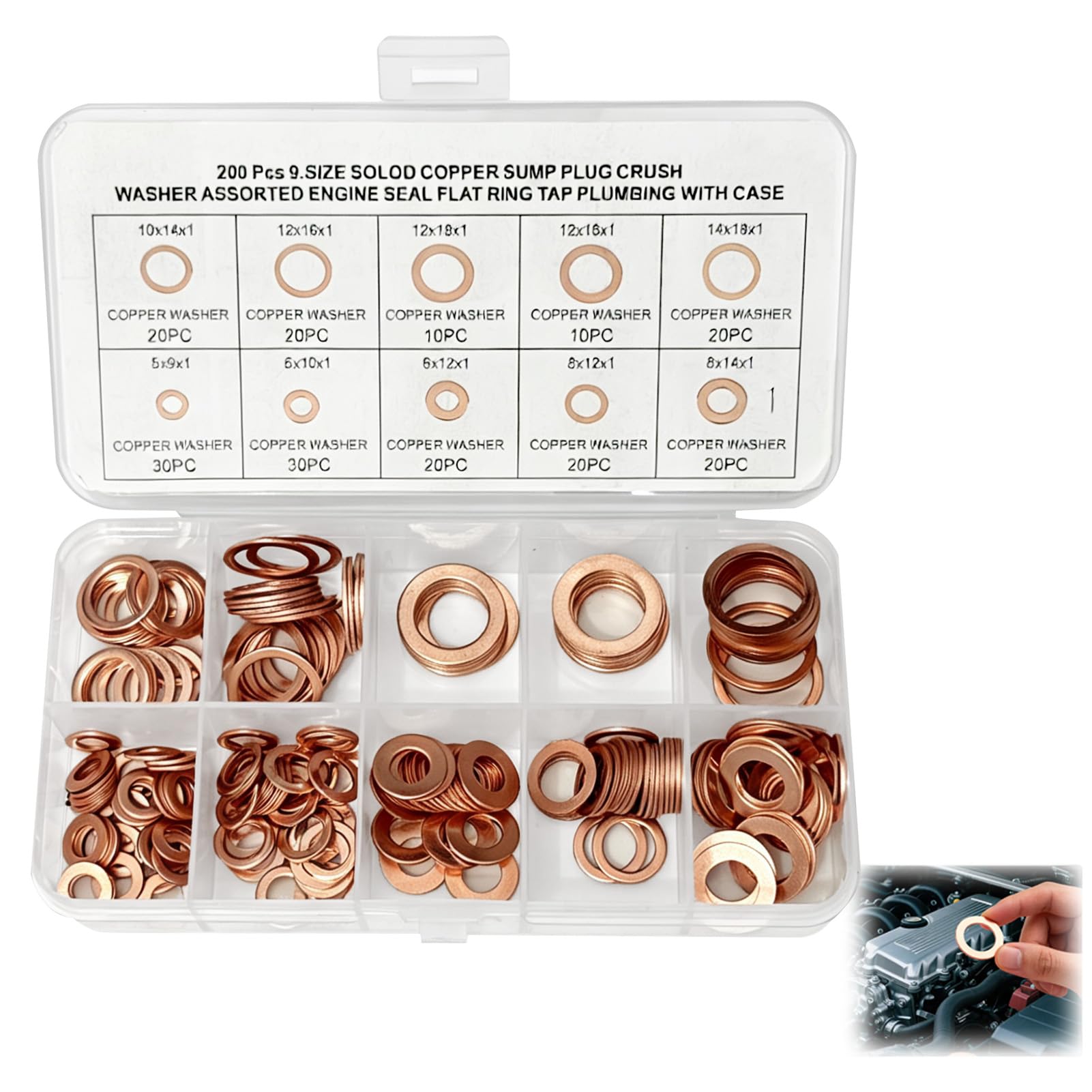 Copper Washers Assorted Set, 200PCS Copper Crush Washers for Plumbing, Automotive, and DIY Repairs, Multi Size Copper Washer Kit for Sealing, Gaskets, and Maintenance Tasks