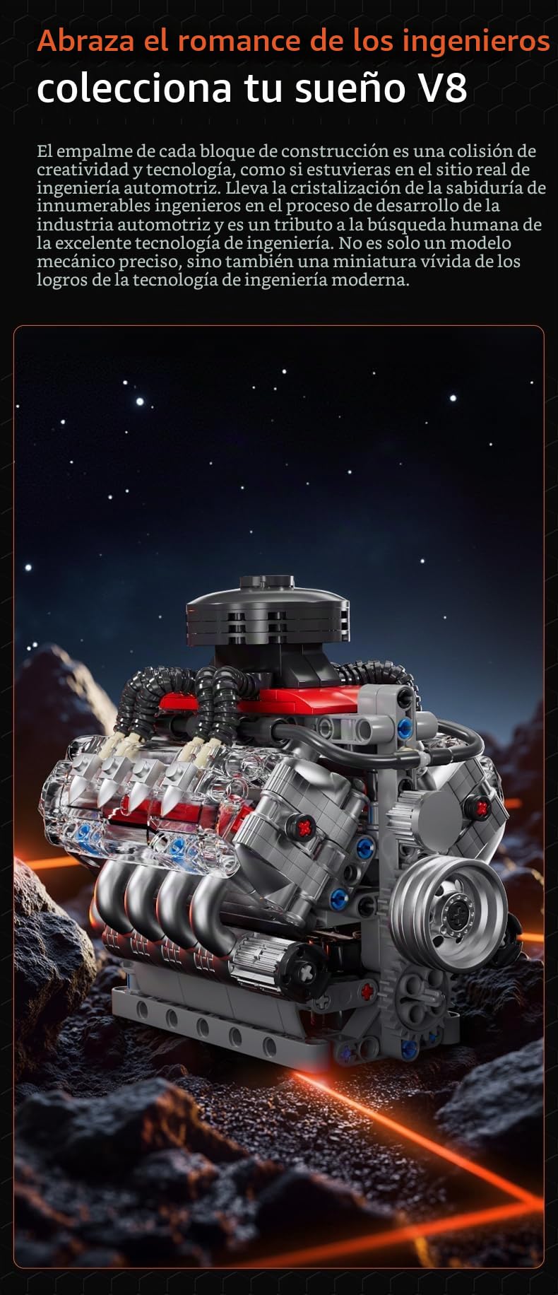 Sosuy V8 Juego de Bloques de construcción del Motor, Modelo de Motor de Funcionamiento, Juego mecánico de 487+PCS para exhibición en casa para coleccionistas, Juguetes Stem para niños, Regalo de