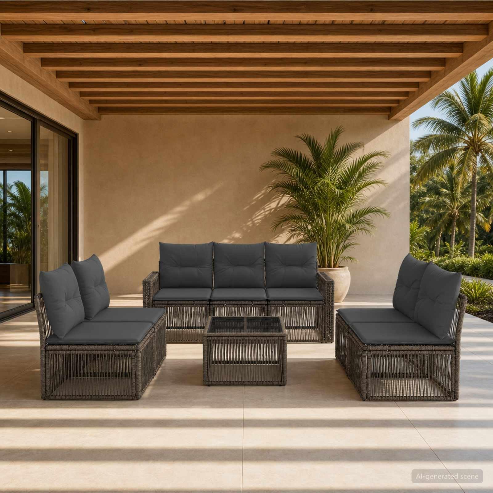 Ensemble canapé de Jardin polyrotin Gris et Gris foncé 8 pièces, Cadre Acier Enduit de Poudre, Coussins Polyester, modulable pour terrasse Patio Balcon, Assise Confortable