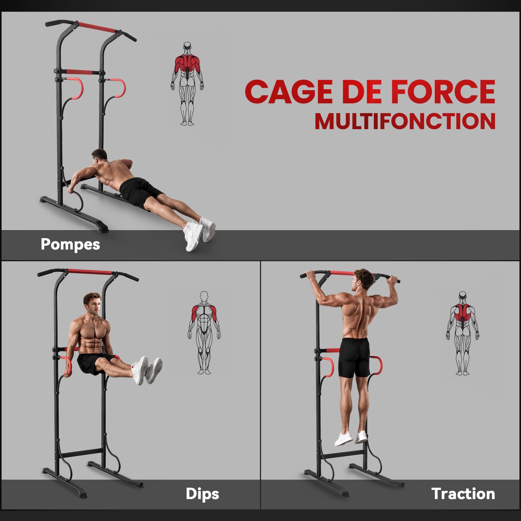 HOMCOM Station de musculation multifonctions barre de traction chaise romaine hauteur réglable acier noir rouge