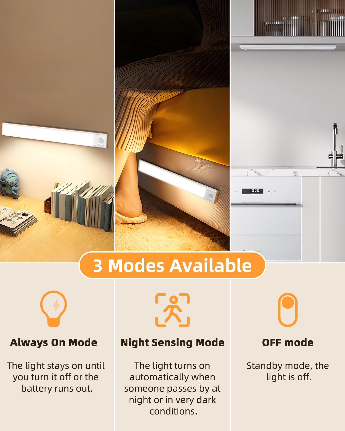 Aigostar Lampe de placard avec Détecteur de Mouvement - 3x Barres Magnétiques 30.4cm， Lampe de Placard Cuisine avec Batterie 2200mAh， USB-C， Luminosité/Couleur Réglable， Adhésif 3M