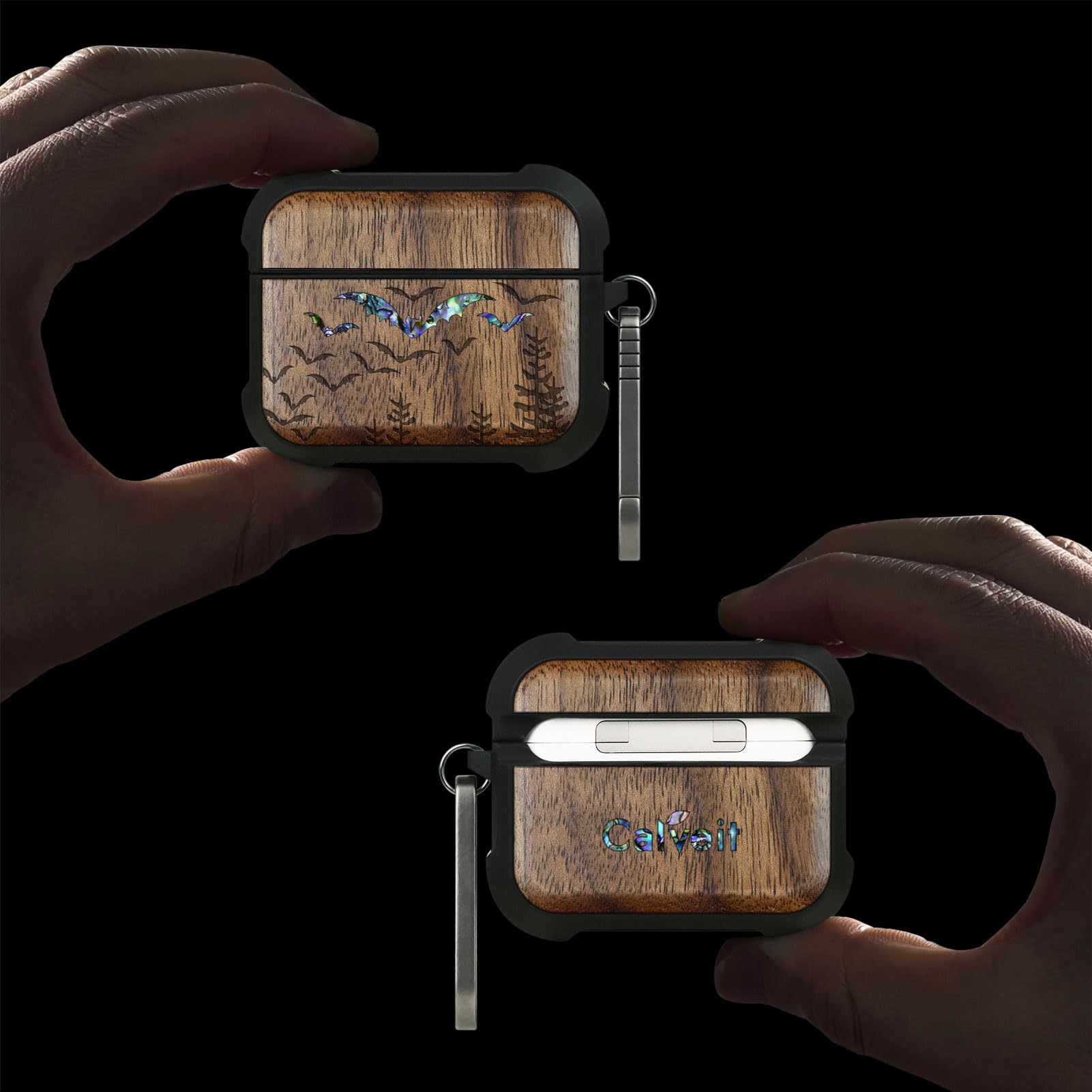 Carveit Odporne na uderzenia etui ochronne do AirPods Pro 3 (2025), drewniany grawerunek i muszla, kompatybilne z Airpods Pro 3, tytanowe szybkie zapięcie (nietoperze orzechowe nad lasem)