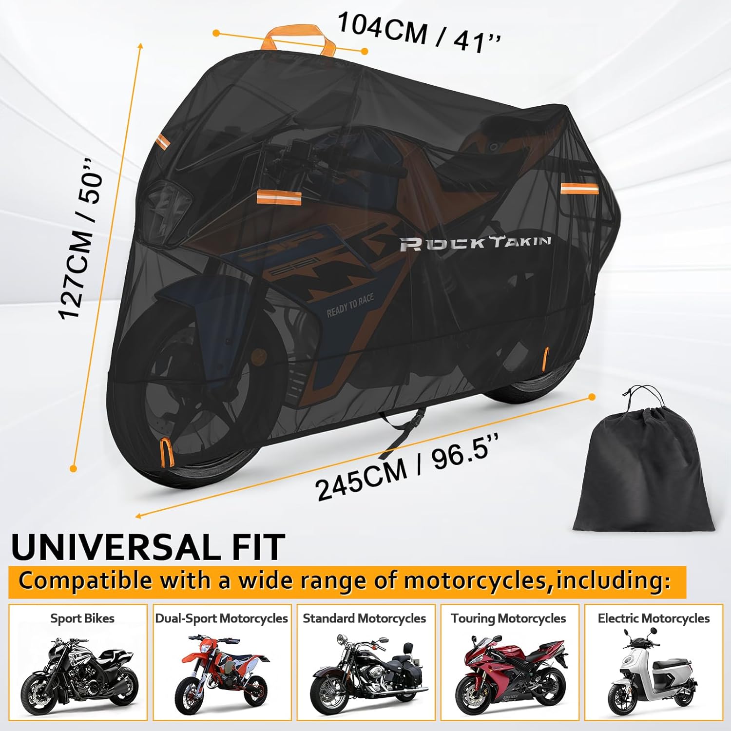 ROCKTAKIN 300D Heavy Duty Motorcycle Cover, Waterproof All Season Outdoor Protection with 4 Reflective Strips & Lock Holes, Fits Most Cruisers, Touring Bikes and Scooters up to 96.5"