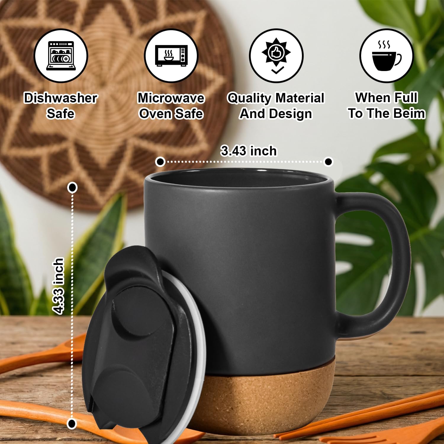 AGH 4 Pack 15OZ Coffee Mug,Ceramic Coffee Cup with handle for Office and Home,Blank Black Handmade Pottery Mugs with cork bottom and lids for Ice Coffee, Hot Tea, Cocoa, Milk.