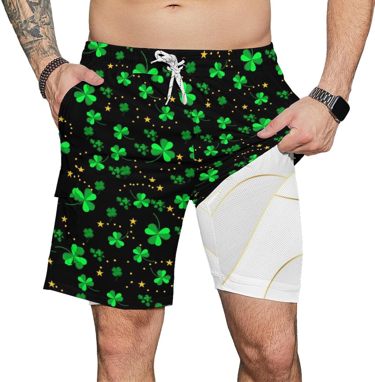 Mens Swim Trunks with Compression Liner Swimming Trunks 9 Inch Quick Dry Swim Cargo Shorts