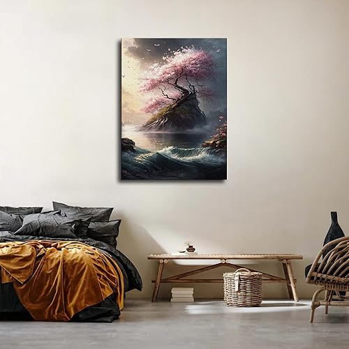 Miniatura 3 de Póster de pintura de flor de cerezo en lienzo, cuadro de arte de pared, dormitorio, sala de estar (marco, 20 x 27 pulgadas)