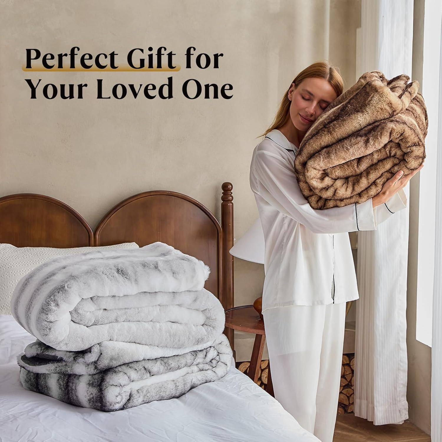 Luxury Faux Fur Blanket - Soft Warm Plush Blankets for Couch Sofa Bed, Fluffy Thick Throws for Bedroom, Office, Living Room, Decorative Reversible, Not Easy to shed - 60"x80", Brown - Image 8