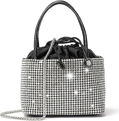 Tote Bag for Women Purse Has Detachable Chain,Shoulder Hobo handBag with Binding Strap Leisure Weekend Silver Rhinestone Bag