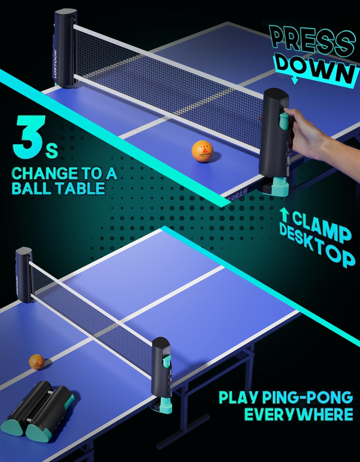 Juego de 4 palas de ping pong profesionales con raquetas de tenis de mesa y 3 pelotas de estrella, red de mesa de ping pong portátil con abrazaderas para cualquier mesa, juegos de hogar y 6