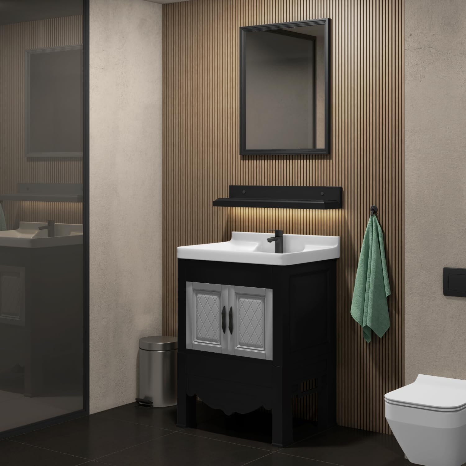 Floor Mounted Bathroom Vanity | Modern Floor Standing Basin Cabinet for Bathroom | Thermoplastic Cabinet (Black)-image-5