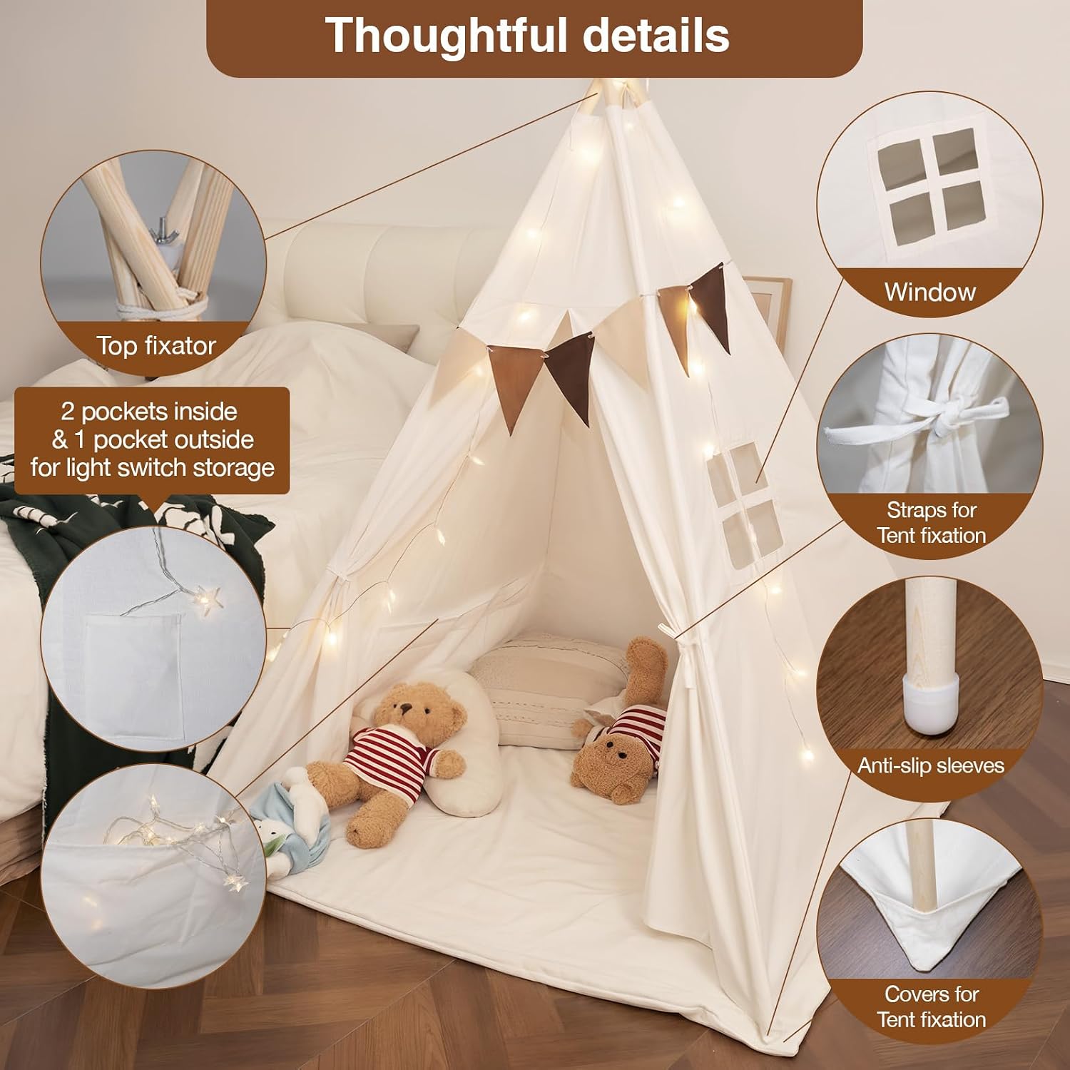 Kids Play Tent Set – Portable Teepee Tent for Toddlers with Mat & Star Lights, Washable and Foldable Indoor Play House for Baby Aging 1-3 as Reading Nook & Room Decor