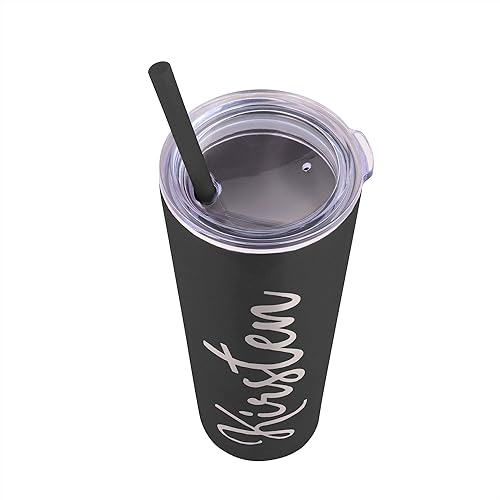 Miniatura 3 de Vaso delgado de acero inoxidable con popote y tapa, termo personalizado (20 onzas)  negro mate