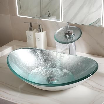 22x14 Inch Oval Silver Glass Vessel Sink Set | Tempered Glass Basin, Boat Shape Design, Top Mount Bowl, With Faucet and Pop-Up Drain, for Modern Bathroom Vanity