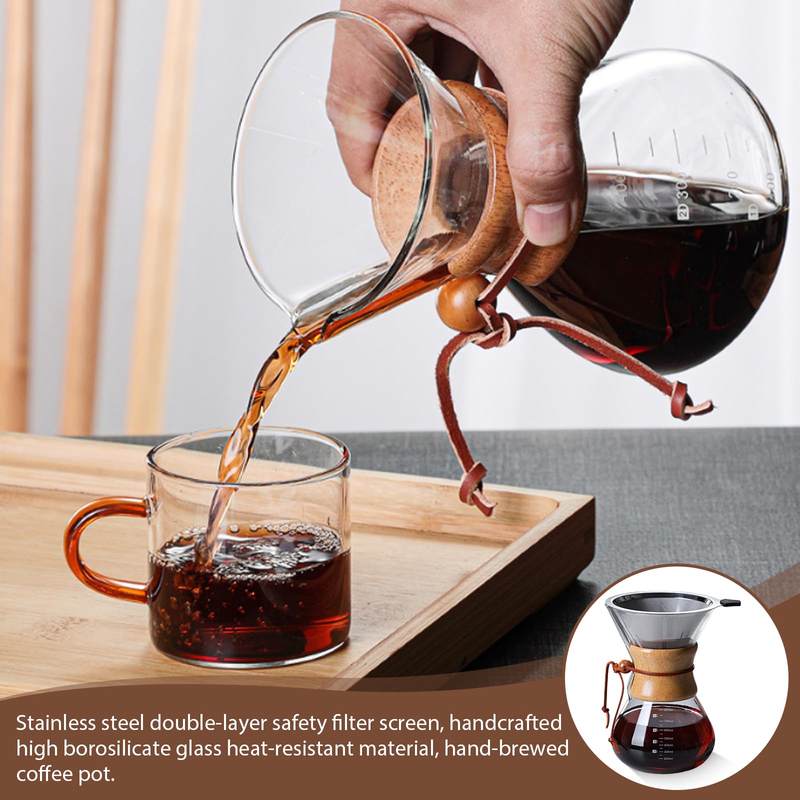 GOMETY Pour Over zaparzacz do kawy, 800 ml, filtr permanentny, zaparzacz do kawy, dzbanek borokrzemowy z dwuwarstwowym filtrem ze stali nierdzewnej, szklanka do warzenia kawy dla aromatycznej