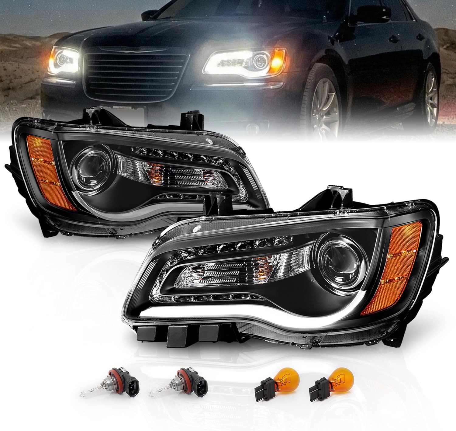 AmeriLite for 2011-2014 Chrysler 300 Sedan OE+ LED Tube Black Projector Headlights Pair - Passenger and Driver Side