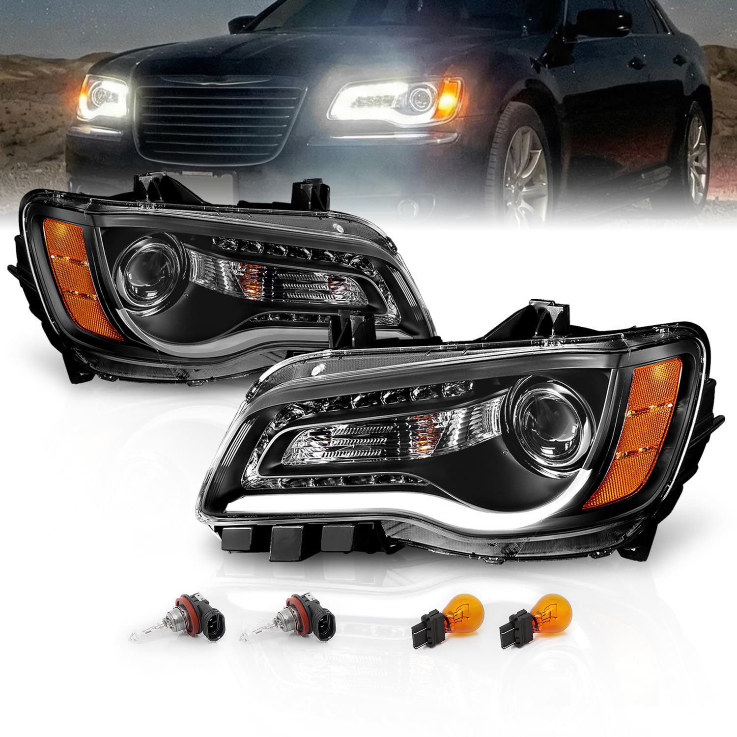AmeriLite for 2011-2014 Chrysler 300 Sedan OE+ LED Tube Black Projector Headlights Pair - Passenger and Driver Side