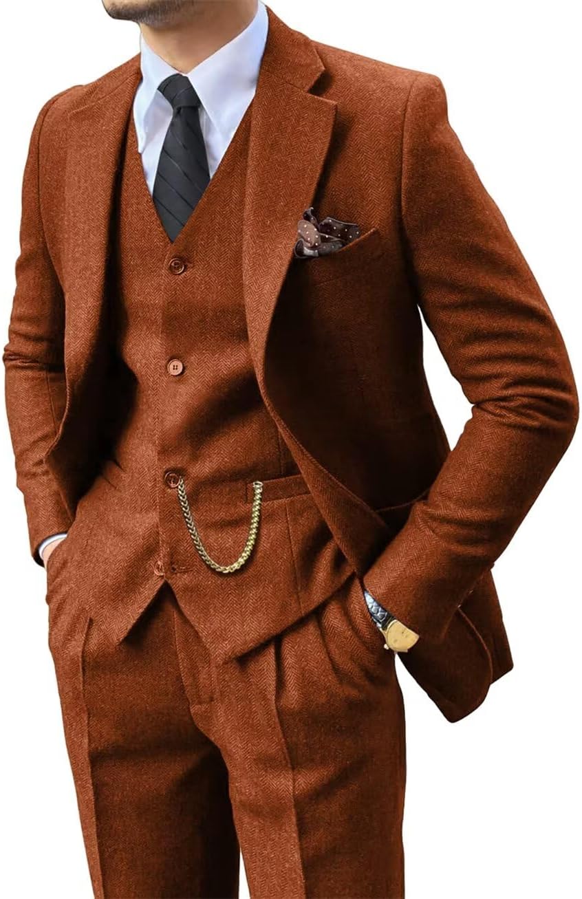 Retro 3 Piece Suit Tweed Herringbone Men's Suits Slim Fit Groom Tuxedos Set Prom Brown Grey Jacket Blazer Vest Pants