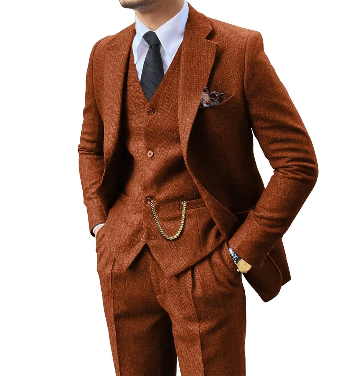 Retro 3 Piece Suit Tweed Herringbone Men's Suits Slim Fit Jacket Vest Pant