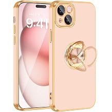 Fingic for iPhone 15 Case 360 Rotatable Ring Holder Magnetic Kickstand | Shiny Gold Edge Slim Soft TPU Shockproof Protective Phone Case for Women Girls for iPhone 15 6.1 inch 2023, Rose Gold