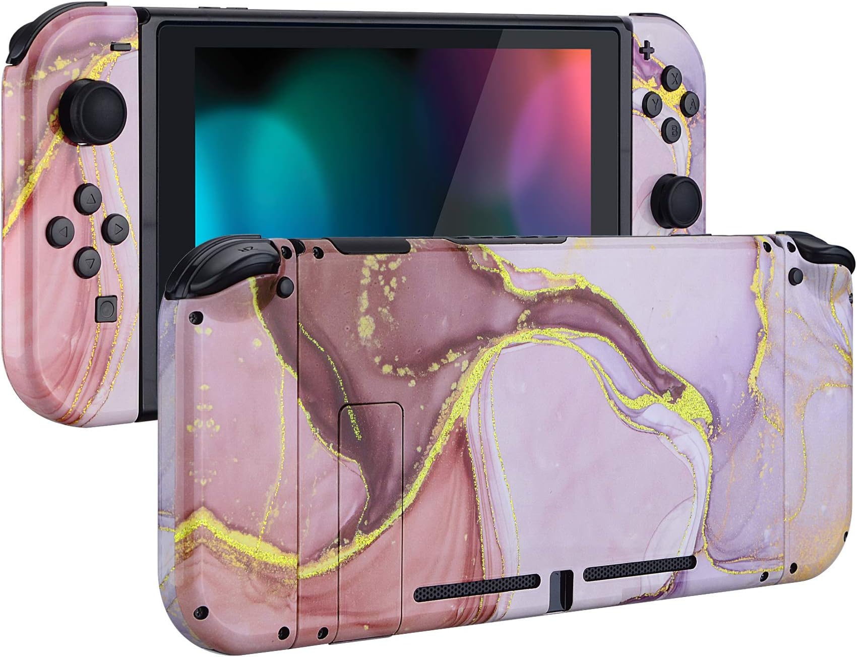 eXtremeRate DIY Replacement Shell Buttons for Nintendo Switch, Back Plate for Switch Console, Custom Housing Case with Full Set Buttons for Joycon Handheld Controller - Cosmic Pink Gold Marble Effect
