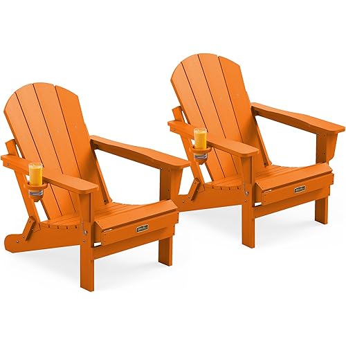 SERWALL Foldable Adirondack Chair with Cup Holder Set of 2 for Patio Garden Outdoors Fire Pit Chairs-Orange