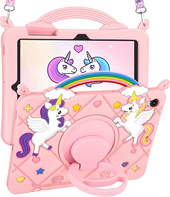 Uppuppy for Galaxy Tab S10 FE 5G Case/Tab S9 FE Case - Cute Cartoon Kawaii Unicorn Teen Girls Women Tablet Cover with Rotating Stand & Strap Soft Silicone Funda for Samsung Tab S9FE/S10FE 10.9 Inch