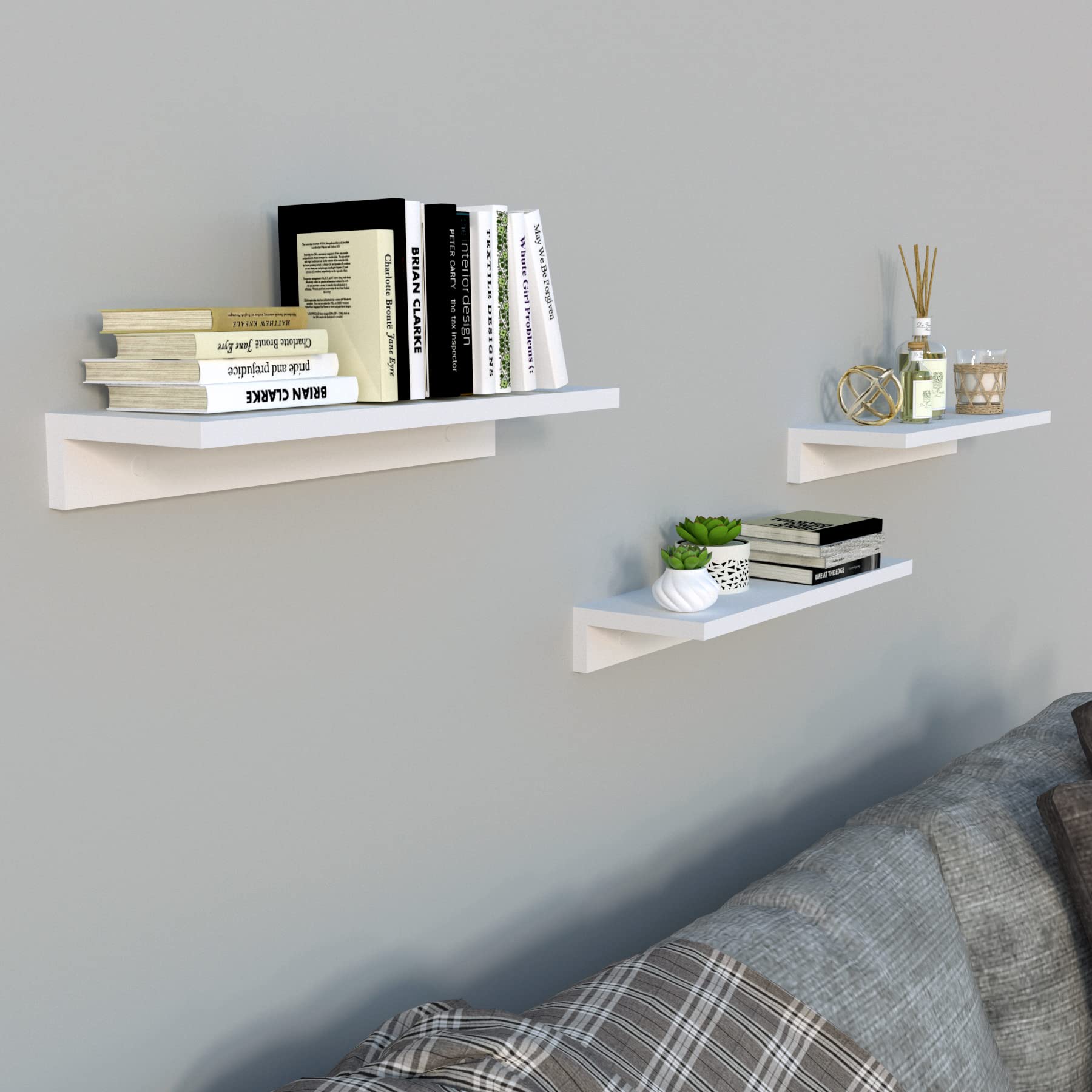 Henor Lote 3 Baldas Pared Madera 85 x 17 x 7.5 cm. Estantes Flotantes. Colgantes. Sala de Estar. Oficina en Casa. Baño. Cocina Blanco.