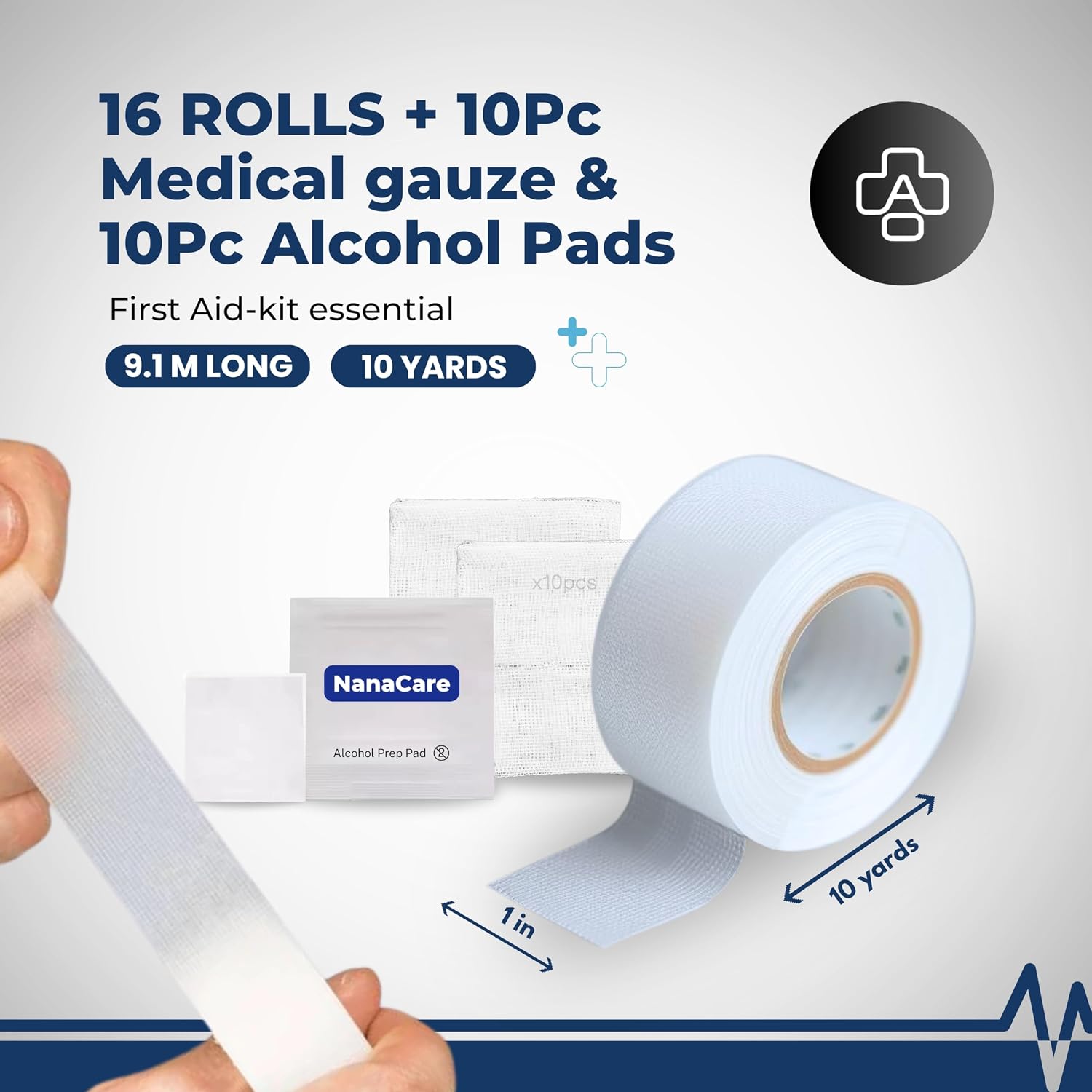 NanaCare Clear Medical Tape Waterproof, 4 Rolls - 1 inch x 10 yds + 10 pc Gauze Pads - Hypoallergenic Surgical Tape Skin Parent (16 Rolls Clear Medical Tape)