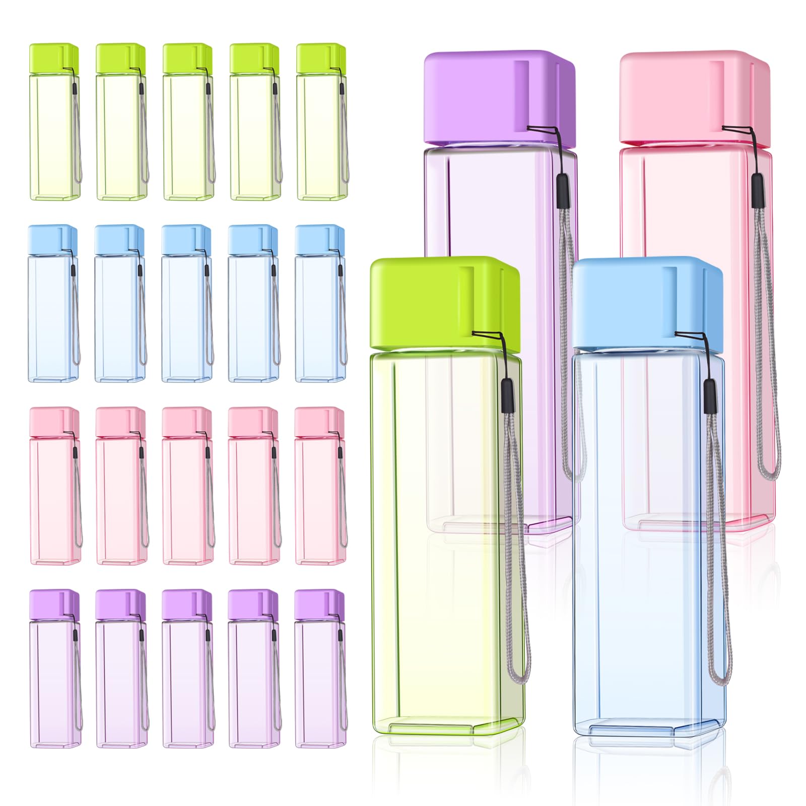 24Pcs Water Bottles Bulk 17 Oz Reusable Plastic Water Bottle Spill Proof Clear Colorful Gym Sports Large Drink Bottle for Adult Leak Square Pack for School Outdoor Fitness Travel Camping Office