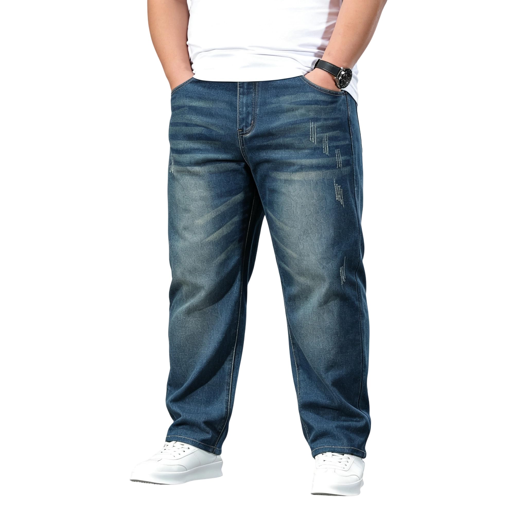 Pantalones Vaqueros para Hombre, Suelto Pantalones Vaqueros Denim Jeans Talla Grande Cintura Elástica NZK002