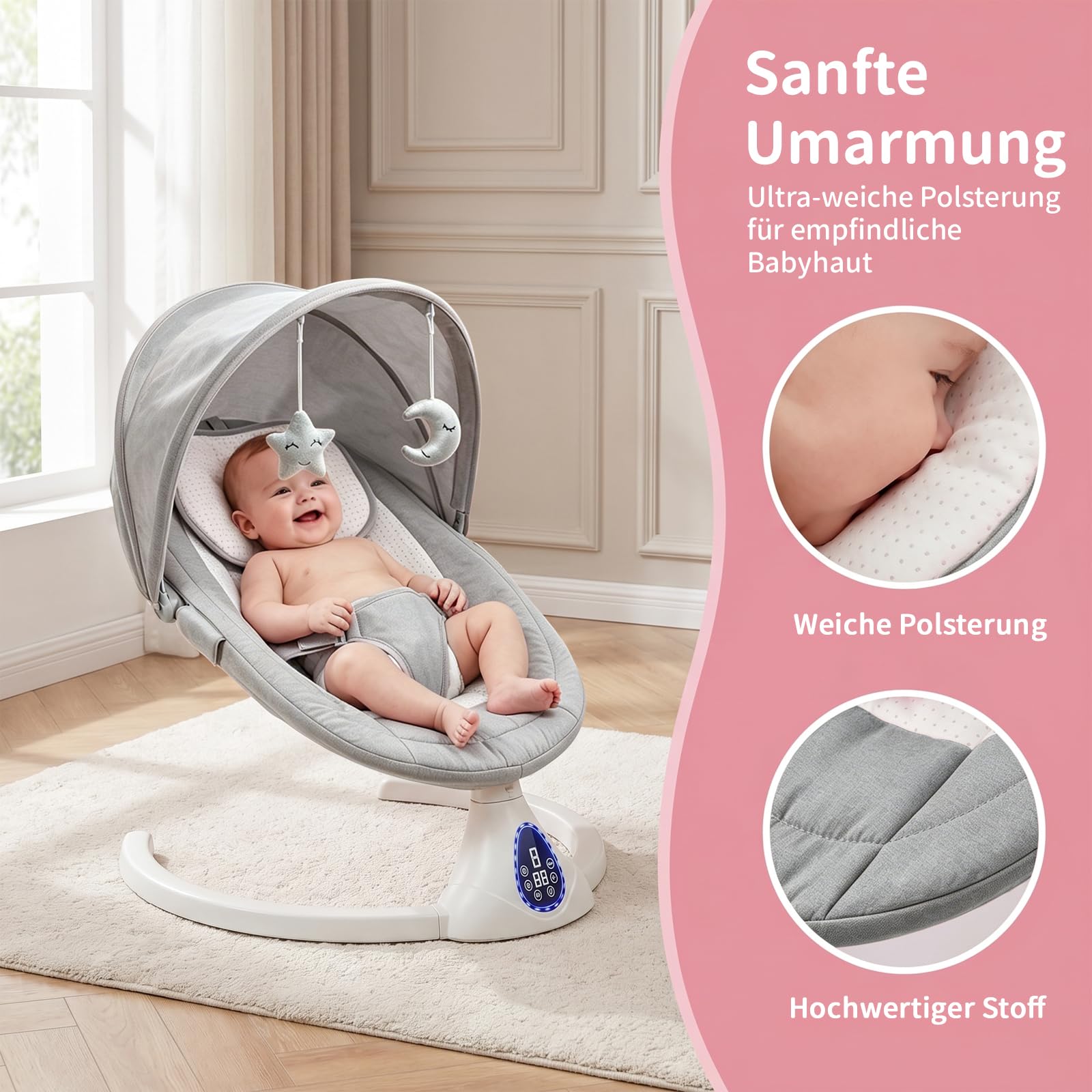 Elektrische Babywippe Schaukeln für Neugeborene, Baby Bouncer Newborn 0-6 Monate mit Weichem Stoff | Klappbarer Baby Rocker mit 5 Gängen, 3 Timer, Weichem Sitz, Bluetooth (Grau)
