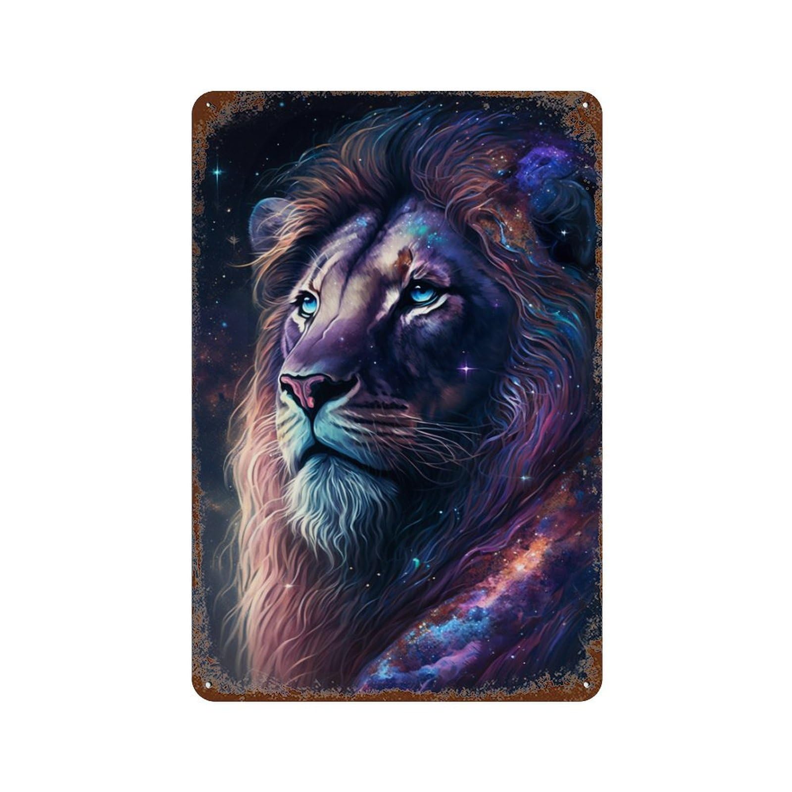 Cosmic Lion Art Print-17 Aged Metal Wall Plaque 11.8"x7.9", for Pub, Kitchen And Man Cave Decor, Decorative Metal Wall Art