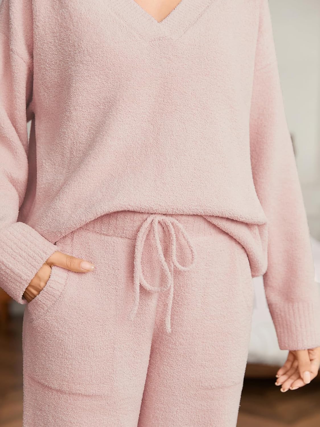 Snuggle Sac Womens Pajama Sets 2 Piece Cozy Winter Fluffy Fuzzy Pajamas V Neck Long Sleeve Lounge Set - Image 4