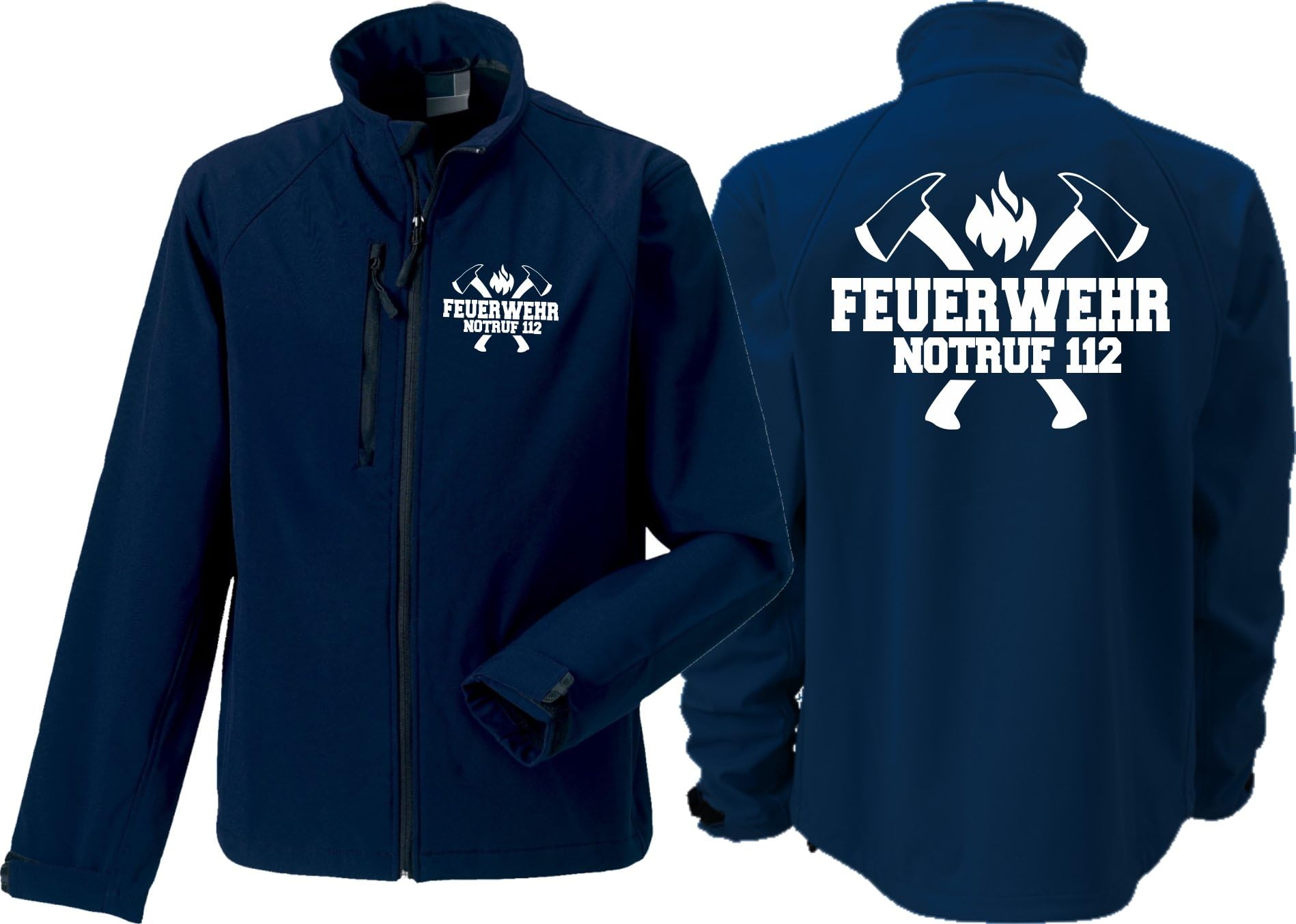 Softshell Jacket (Medium) Navy, Fire Brigade 112 with Axes in White