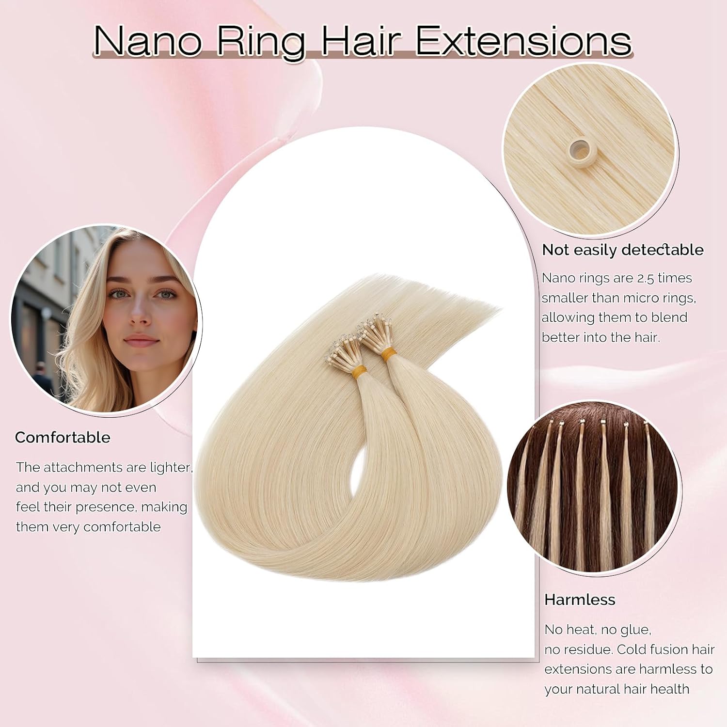 SEGO Nano Bead Hair Extensions Human Hair, 1g/Stand, 50g/pack, Add Volume, Length, and Highlights, Nano Nano Ring Tip Hair Extensions for Women, 16 Inch, Platinum blonde