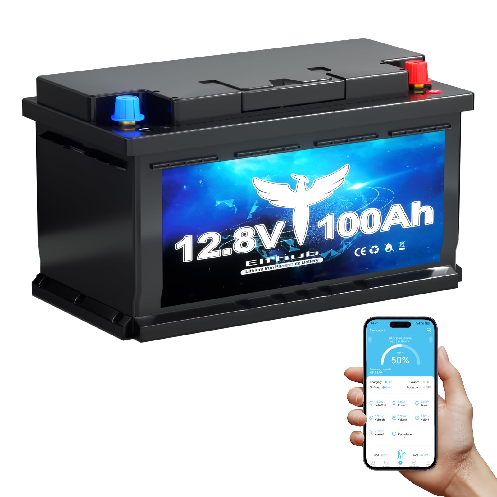 LiFePO4 12 V 100 AH batteria auto Bluetooth 100 A BMS oltre 5000 volte ciclo basso, batteria al litio 1280 W, protezione da spegnimento a bassa temperatura per camper, campeggio, barca