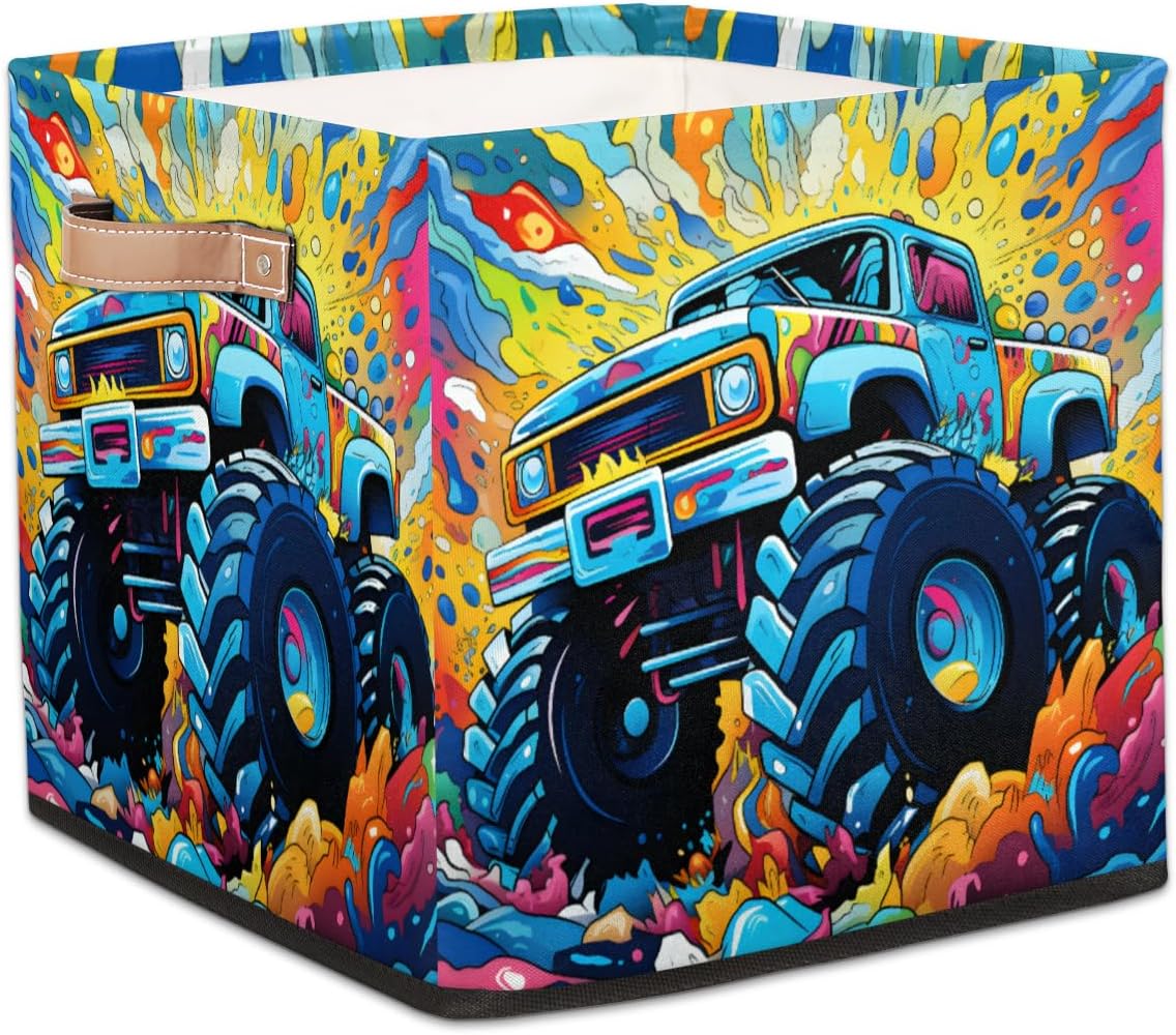 Watercolor Monster Truck Cube Storage Bin, 13 Inch Collapsible Fabric Storage Cubes Bin, Foldable Cube Baskets for Shelf, Closet, Organizer