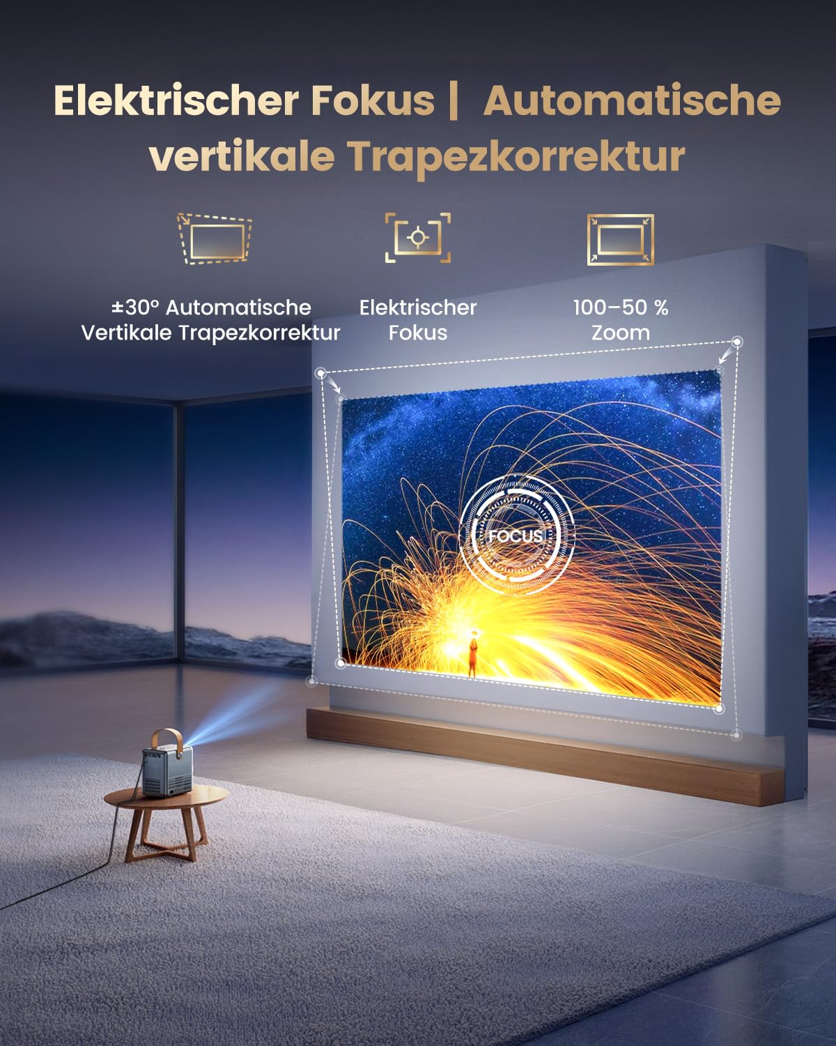 Mini Beamer 4K Smart Beamer Klein with WiFi6 2-Wege Bluetooth Full HD 1080P Elektrischer Fokus Auto Vertikale Trapezkorrektur Kurzdistanz Projektor
