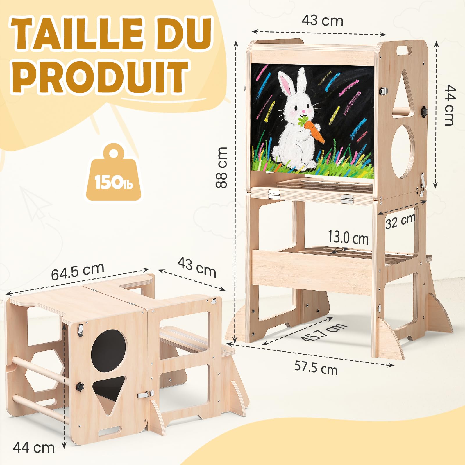 Woodure 3 in 1 Lernturm für Kinder ab 1 Jahr | Klappbare Trittleiter mit Tafel | Ideal für Küche, Tisch und Bad