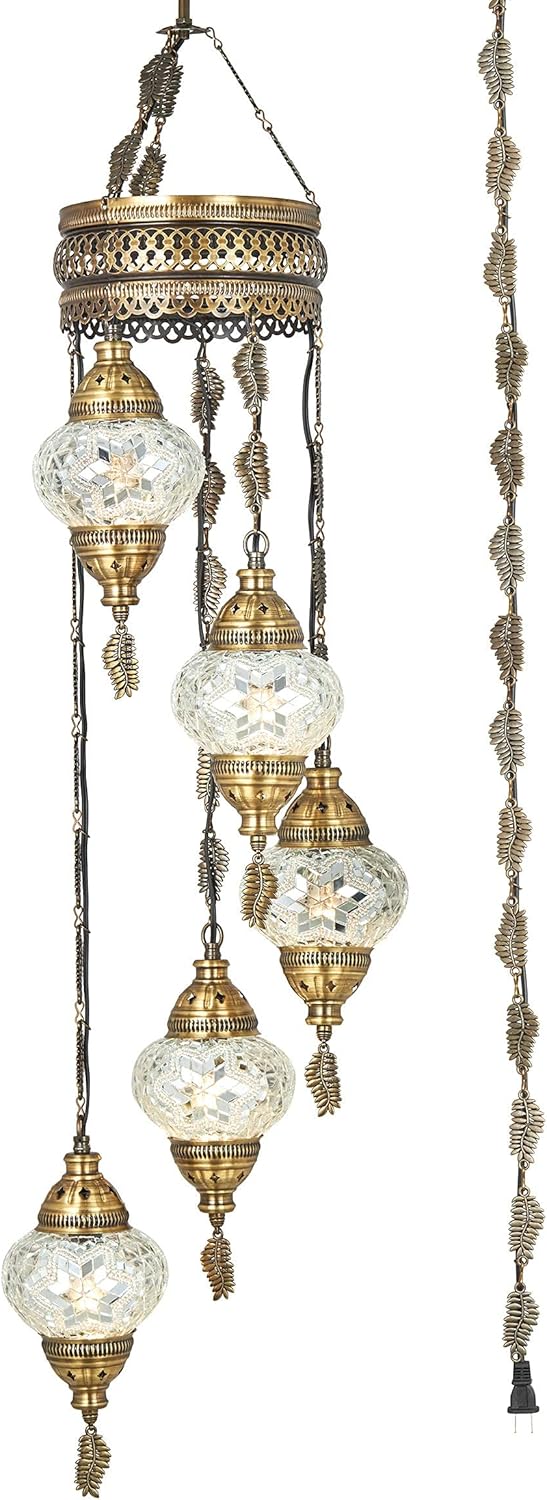 DEMMEX Turkish Moroccan Mosaic Plug-in Chandelier, 5-Globe Colorful Bohemian Swag Pendant Light with 15-ft Cord & Chain, 3.5 ft Drop for Living Room & Bedroom (White)