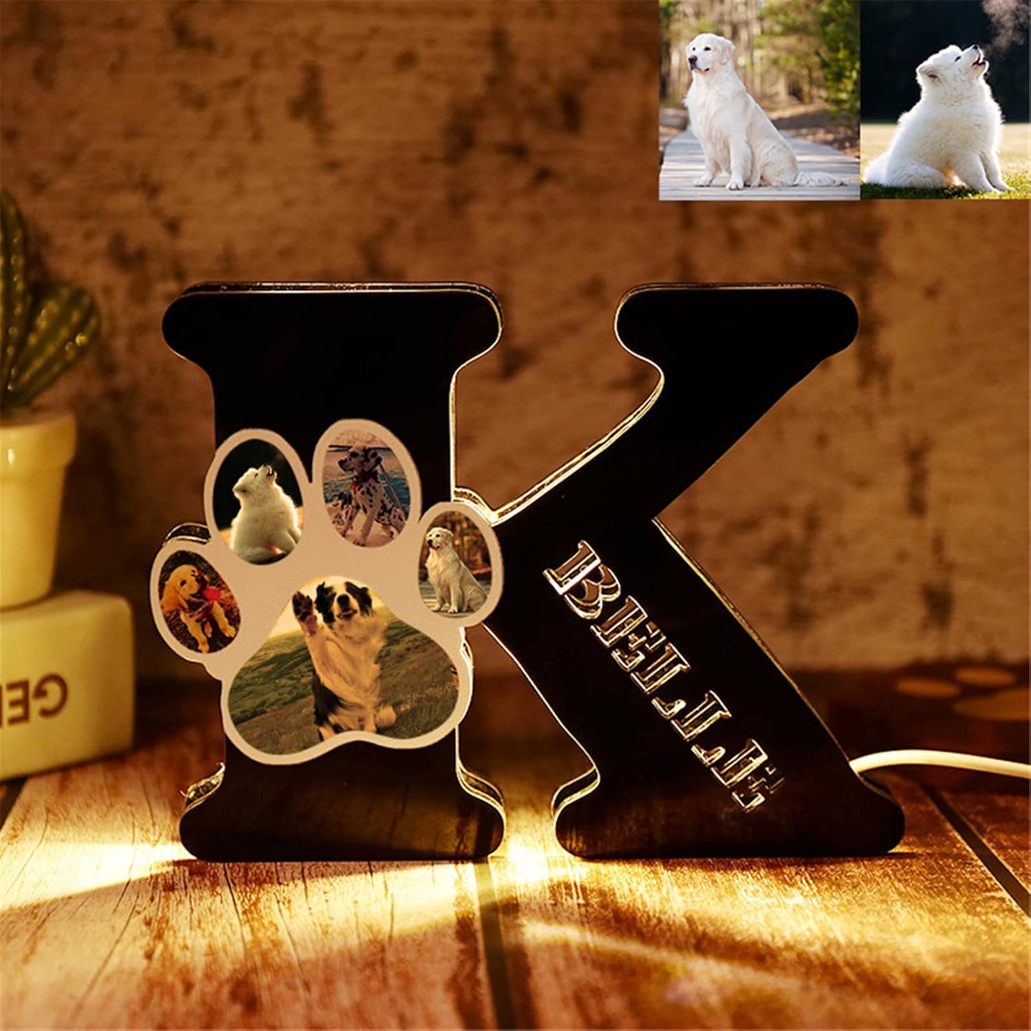 Personalized Photo Dog Paw Night Lights Custom Light Up 26 Letters Wooden Engraved Name LED Letter Lights Alphabet in Wall Decor Nightlight Decor Pet Memorial Gifts for Pet Dog Lover(Wood)