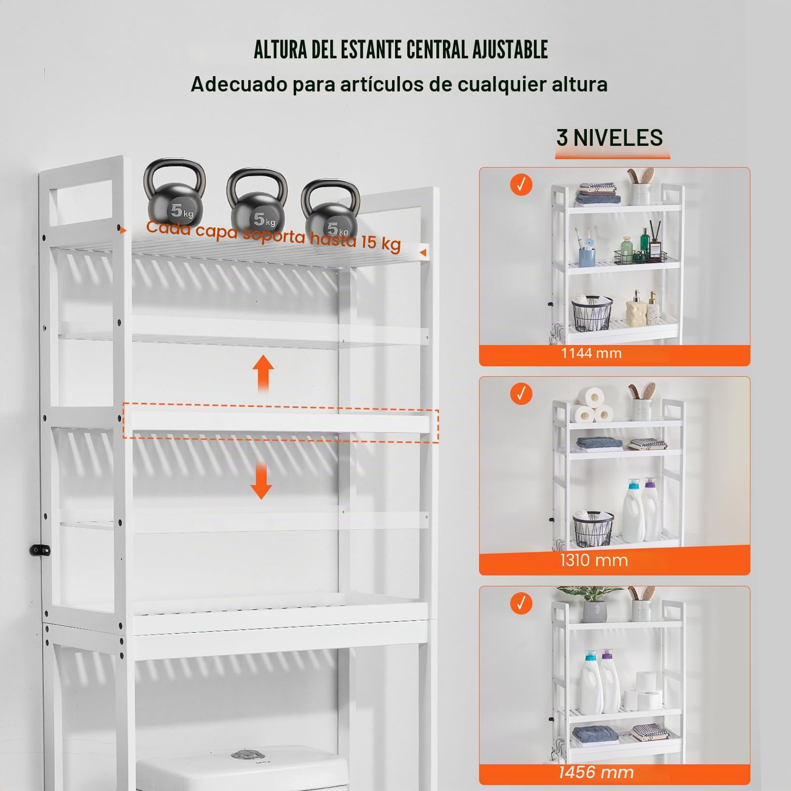 VEVOR Estante para Inodoro Ajustable de 3 Niveles Almacenamiento sobre Inodoro Estantería de Madera para Baño con 3 Ganchos Mueble de Baño Adecuado para la Mayoría de los Inodoros, Lavadero, Blanco