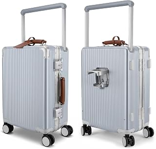 20 Inch Carry On Luggage 22x14x9 Airline Approved, Aluminum Frame Wide Handle Suitcase with Spinner Wheels, PC Hard Shell Travel Suitcase with TSA Lock & Cup Holder (Silver&Brown)