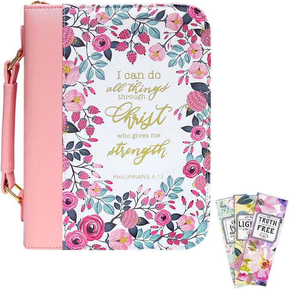 INSPRING PU Leather Bible Cover Case and Floral Bookmarks Set with Lay-Flat Handle Christian Gift for Women and Girls, Fits Bibles Up to 10.5 x 7.8 x 2.6 inches