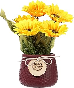 Artificial Sunflower and Ceramic Potted Plants False Flower Arrangement Decoration Home Garden Decoration Wedding Decor Or Office (Red)