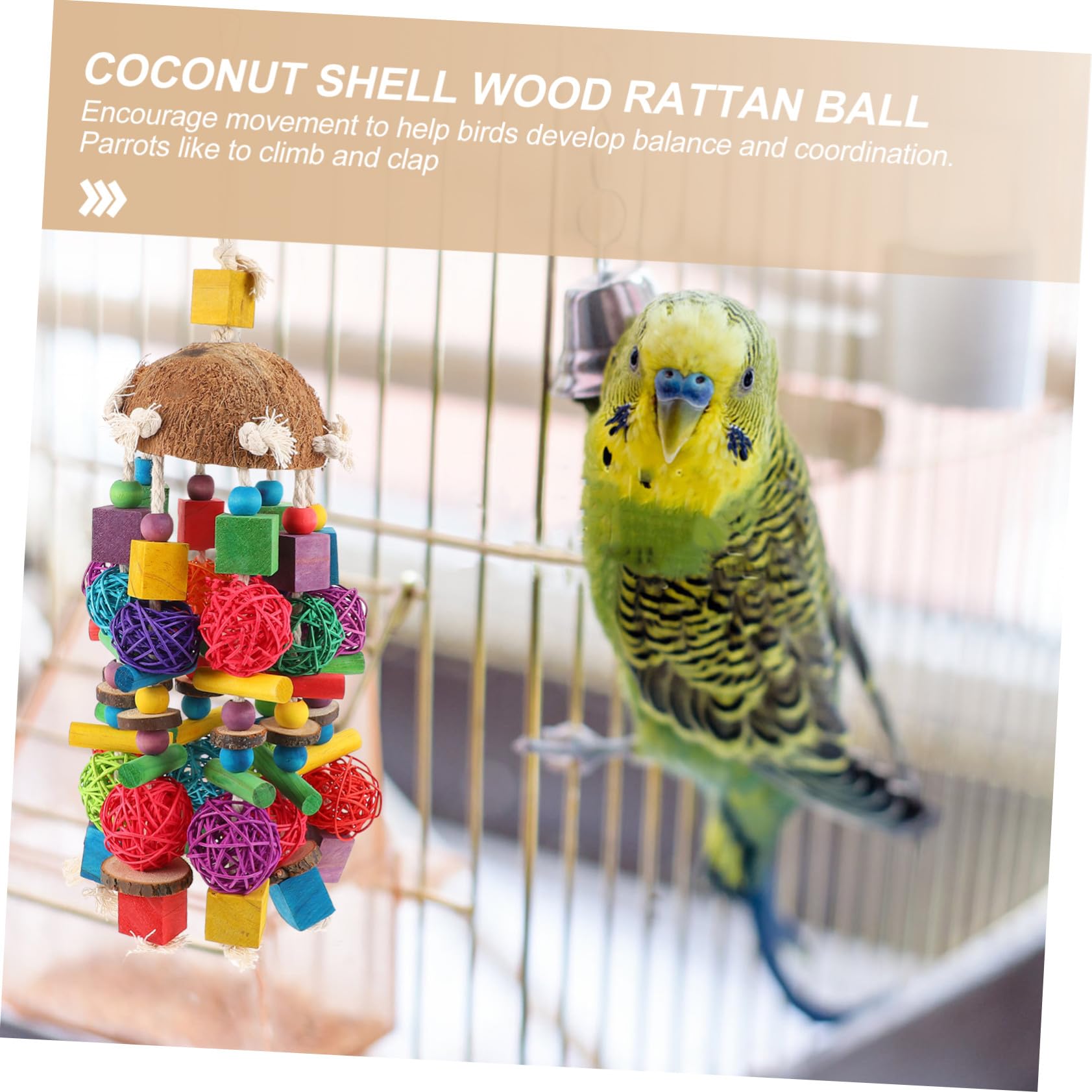 SEWACC Papageien kauspielzeug aus Kokosnuss Holz mit Hängendem Beißspielzeug Buntes Kreatives Vogelspielzeug für Nymphensittiche Wellensittiche und Kleine Papageien Sicheres Material für