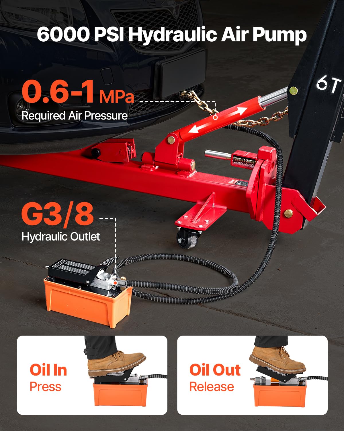VEVOR Équerre de Tirage de Châssis Force 6T, Banc de Redressage de Carrosserie avec Pompe à Pied Hydraulique 6000 PSI et Tige Pivotante, Système de Réparation de Châssis pour Berline, SUV, Pick-up